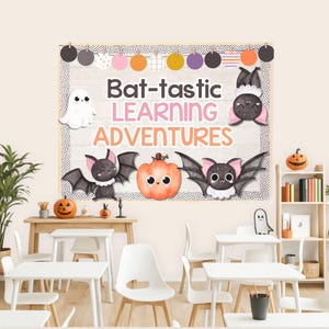 Kit de tablón de anuncios de Halloween: Exhibición de aventuras de aprendizaje Bat-tastic / Decoración editable de murciélagos para el aula