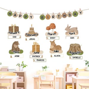 Exibição de aniversário da floresta, quadro de avisos de aniversário editável e decoração de sala de aula, gráficos de aniversário em inglês e espanhol
