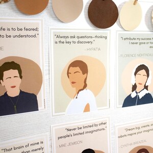 May include: A set of 5 printable cards featuring portraits of famous women with inspirational quotes. The cards are in a light green and brown color scheme with a white background. The quotes include: "Life is to be feared; to be understood." - Marie Curie, "Always ask questions-thinking is the key to discovery." - Hypatia, "I attribute my success to this: I never gave or took any excuse." - Florence Nightingale, "Never be limited by other people's limited imaginations." - Mae Jemison, and "Dream big, create, and robots inspire your imagination." - Cynthia Breazeal.