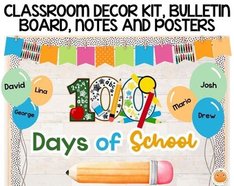 100 Days of School Bulletin Board & Classroom Decor + Editable Versions | Printable Balloon Classroom Decor and Writing Activity