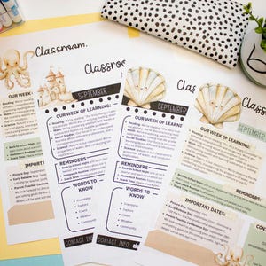 Puede incluir: Boletín informativo del aula para septiembre con un diseño colorido de un pulpo, un castillo y una concha. El boletín incluye información sobre los temas de aprendizaje de la semana, las fechas importantes y recordatorios para los padres.