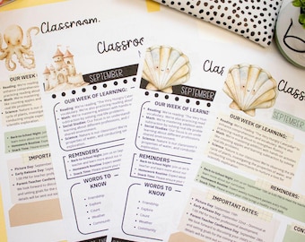 May include: Classroom newsletter for September with a colorful octopus, castle, and seashell design. The newsletter includes information about the week's learning topics, important dates, and reminders for parents.
