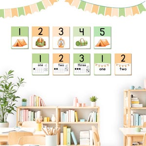 May include: A set of colorful camping-themed number cards for kids. The cards feature numbers 1 through 5 with corresponding pictures and words. There are also cards with number lines and dots to represent the numbers one, two, and three.
