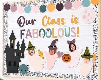 Tablón de anuncios de Halloween / Decoración de puerta de aula con fantasmas, decoración de octubre / Manualidad con foto editable