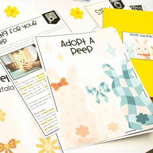 May include: Adopt A Peep printable game with instructions. The game features two bunny-shaped cutouts with a checkered pattern and a bow. The instructions include information about the game and the characteristics of the Peeps.