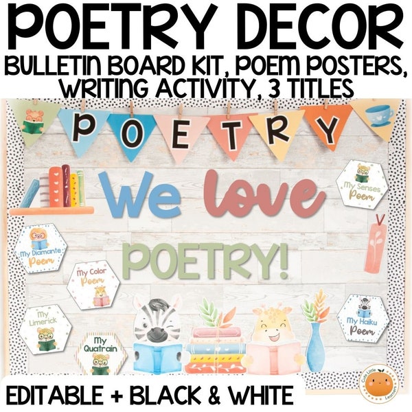 Poetry Bulletin Board & Interactive Classroom Decor + Editable Versions, Types of Poems Posters and Writing Activity | Editable