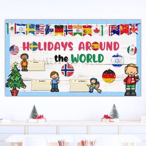Christmas Around the World Bulletin Board & Classroom Decor Kit + Editable Versions | 68 Countries Winter Holidays around the World