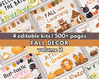 Puede incluir: Cuatro kits de decoración de aula editables con más de 500 páginas con temas de otoño. La imagen muestra una variedad de carteles de decoración de aula con calabazas, murciélagos, hojas y otros elementos otoñales. El texto "FALL DECOR volume 2" aparece en el centro de la imagen.