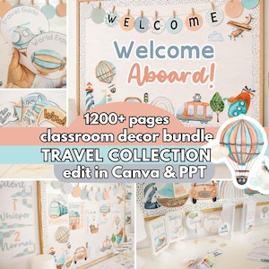 Travel Classroom Decor Bundle | Editable Pastel Bulletin Board Ideas, Elementary Back to School Kit
