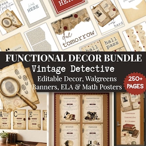 Könnte beinhalten: Ein digitales Set aus druckbarer Klassenzimmerdekoration im Vintage-Detektiv-Stil. Die Sammlung enthält Poster mit ELA- und Mathe-Konzepten, Flurpässe und Banner mit gealterten Papiertexturen, Lupen und Schreibmaschinengrafiken.