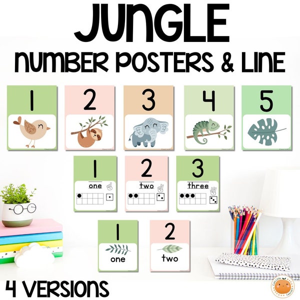 Jungle-Safari Themed Number Posters for Bulletin Boards & Classroom Decor, Back to School
