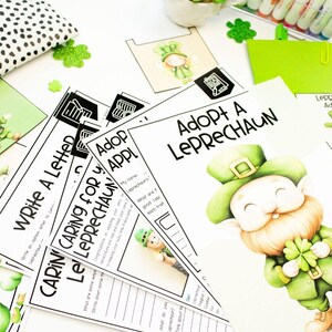 May include: A printable classroom activity for adopting a leprechaun. The activity includes a letter writing template, a caring for your leprechaun checklist, and an adoption application. The image features a cartoon leprechaun with a green hat and a shamrock.