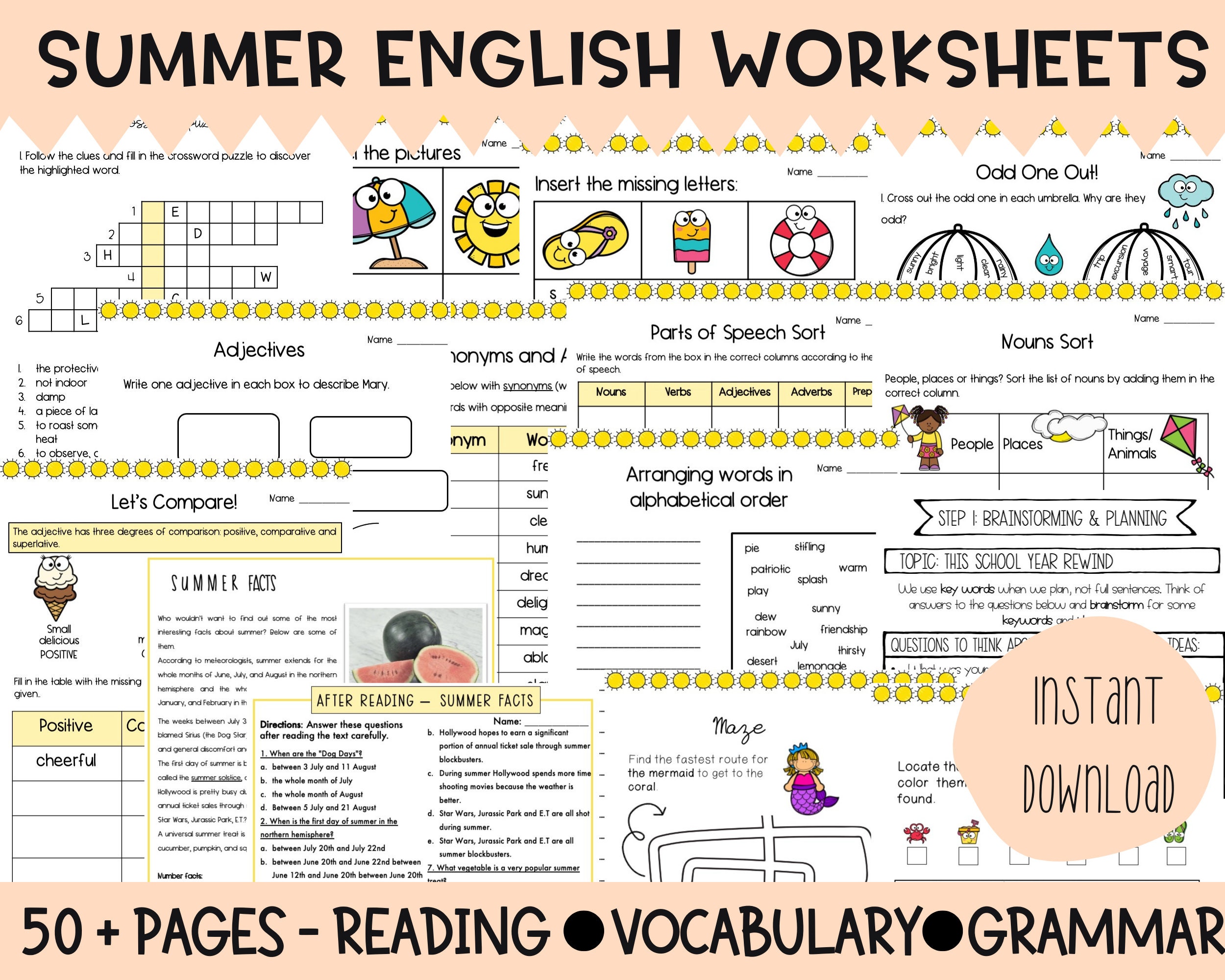 summer english worksheets summer ela worksheets for summer etsy