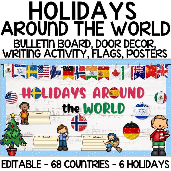 Christmas Around the World Bulletin Board & Classroom Decor Kit + Editable Versions | 68 Countries Winter Holidays around the World