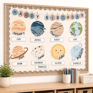 Boho-Space födelsedagsdisplay, redigerbar anslagstavla och klassrumsdekor, engelska + spanska födelsedagsdiagram
