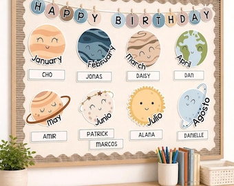 Boho-Space Birthday Display, Editable Bulletin Board & Classroom Decor, English + Spanish Bday Charts