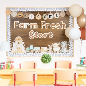 Kit de bienvenida de Calm Farm para la vuelta al cole, jornada de puertas abiertas y encuentro con el profesor, tablero de bienvenida editable y decoración para el aula.