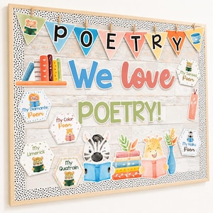 May include: A wooden framed bulletin board with the words "POETRY" and "We love POETRY!" in colorful letters. The board features decorative elements like pennants, books, and animal characters reading books. The border is black with white polka dots.
