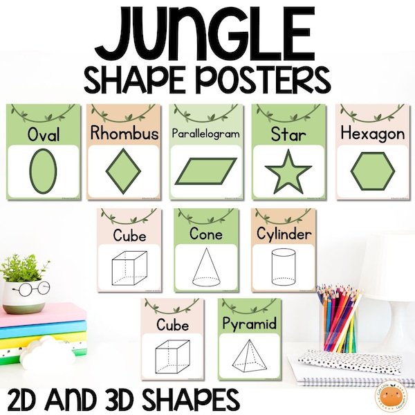 Jungle Safari Themed 2D and 3D Shape Posters for Bulletin Boards and Back to School Classroom Decor - Math and Geometry