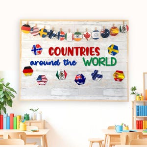 Ideia de quadro de avisos de países do mundo e decoração de porta de sala de aula | Diversidade e inclusão Decoração de sala de aula para impressão com bandeiras e escrita