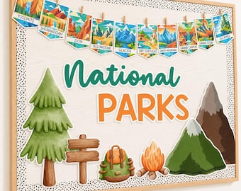 May include: A notice board with a light wood frame featuring a National Parks theme. It displays a banner of ten illustrated park cards, a green pine tree, a wooden signpost, a backpack, a campfire, and two mountains with the text National PARKS.