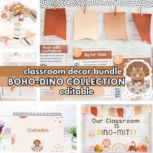 Boho Dinosaur Classroom Decor Bundle, Editable Bulletin Board Ideas, Back to School Meet the Teacher, Newsletters, Daily Slides Theme Pack