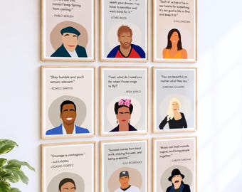 May include: Nine framed art prints with motivational quotes and illustrations of famous people. Each print displays a quote and a portrait of the person who said it, including Pablo Neruda, Lionel Messi, and Eva Longoria.