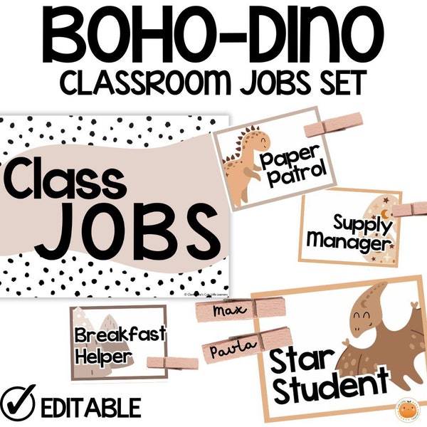 Editable Classroom Jobs - Boho Dinosaurs Bulletin Board & Classroom Decor - Back to School, and Classroom Management