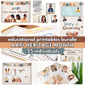 May include: A collection of educational printables for AAPI Heritage Month. The image features various posters, portraits, and graphic designs with the text "AAPI Heritage Month", "Unity in Diversity", and "25 individuals". The color palette includes brown, beige, and white.