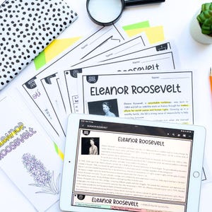 May include: A black and white photo of Eleanor Roosevelt, a former First Lady of the United States, is displayed on a tablet. The tablet is open to a website about Eleanor Roosevelt. The text on the website reads "Eleanor Roosevelt, a remarkable mobilizer, was born in 1884 and left an indelible mark on history through her tireless efforts for social justice and human rights."