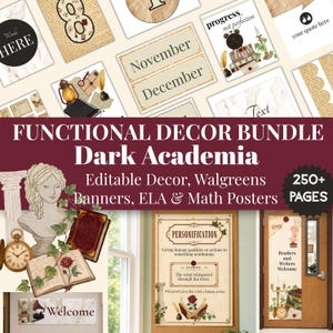 Op de afbeelding: Een digitale set met printbare klaslokaaldecoratie in dark academia-stijl. Bevat posters met tekst zoals 'Functional Decor Bundle', 'Dark Academia', 'Personification', 'Welcome' en 'Readers and Writers Welcome' naast illustraties van bustes, boeken, klokken en rozen.