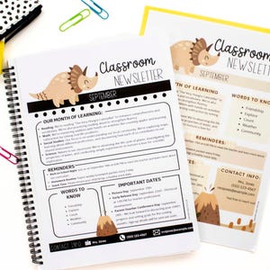 Modelos de boletins informativos editáveis para sala de aula Boho Dinosaurs, notícias semanais e mensais para sala de aula, boletim informativo de 12 meses