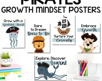 Pirates Themed Growth Mindset Posters - Motivational Notes, Bulletin Board Decor & Classroom Decor