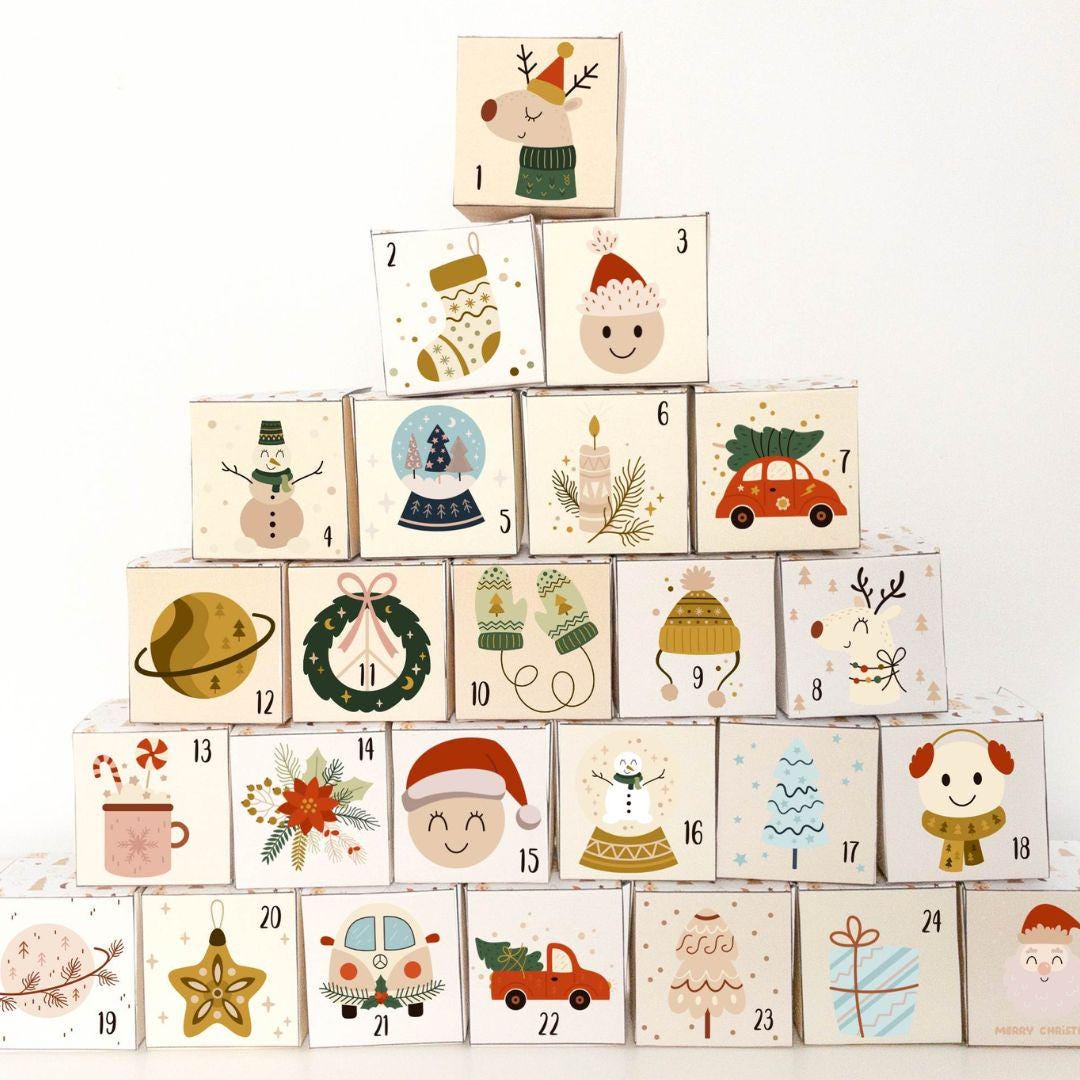 Printable Advent Calendar Boxes - Retro Winter Christmas Countdown…