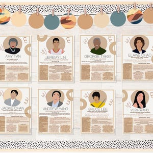 May include: A decorative bulletin board featuring portraits of notable figures, including Amy Tan, Jeremy Lin, George Takei, and others. The portraits are arranged on individual cards with biographical information. The board is decorated with colorful circular accents.