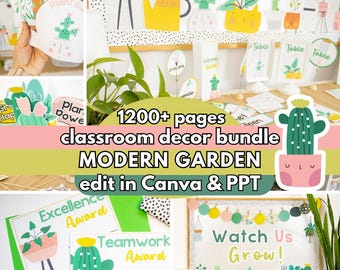 Modern Garden Classroom Decor Bundle | Editable Plant Theme Bulletin Board Kit, Boho Botanical Decor