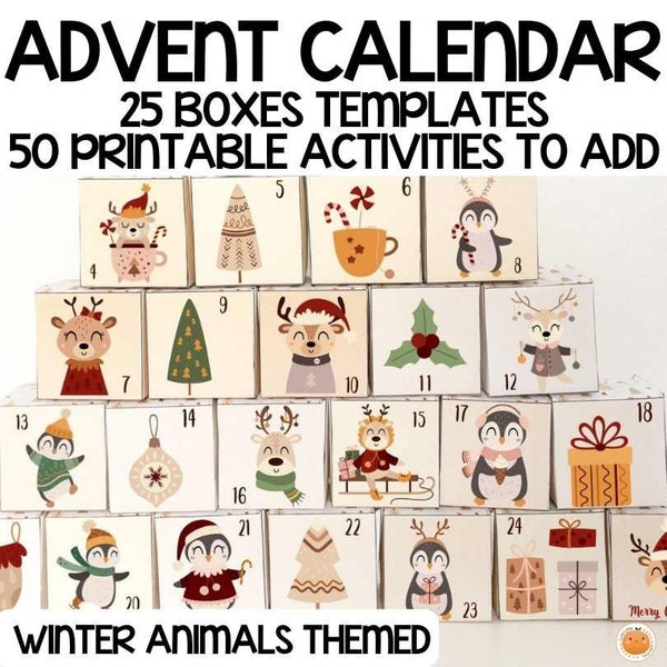 Printable Advent Calendar Boxes & Activities for Kids, Christmas Countdown, Cute Winter Animals Themed, DIY Christmas Craft