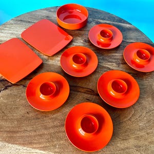 Vintage 60s Rosti Denmark Mepal Label Egg Dishes Set - Bright Orange Melamine - Retro Space Age Dining Kitchenware