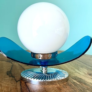 Vintage Blue Methacrylate Plastic Table Lamp with Opaline Glass Shade - 70s Retro Design