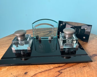 Vintage Art Deco Black Glass Writing Desk Set with Brass Inkwells and Paper Blotter - Retro Office Decor