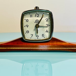 Retro Deco Charm: Midcentury Antique Alarm Clock by Victoria of 4 Rubies - Vintage Table Clock with Wooden Base