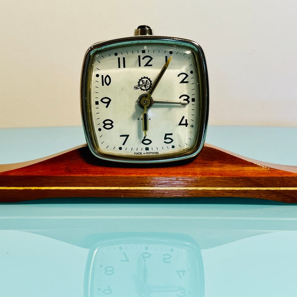 Retro Deco Charm: Midcentury Antique Alarm Clock by Victoria of 4 Rubies - Vintage Table Clock with Wooden Base
