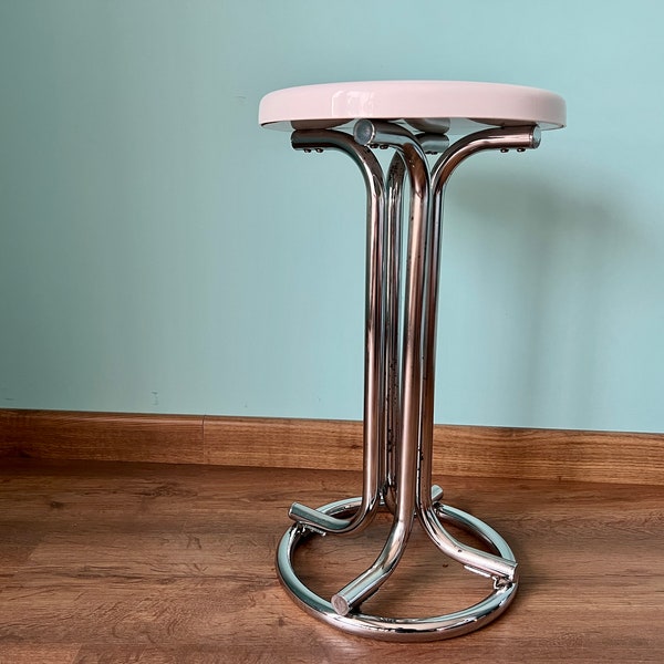 Vintage 1970s White Wood Stool and Side Table with Chrome Metal Design - Retro Space Age Vibes - Mid Century Modern Home Decor