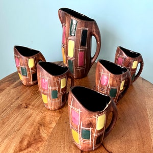 Vintage 60s Terracotta Jar and Pitcher Set - Retro Drink Serving Beverage Set - Mid-Century Modern Home Decor
