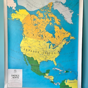 Vintage 1983 Map of North America - Full Color Double-Sided Wall Art - Made in Spain - Midcentury Modern Home Decor