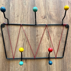 Vintage 1950s Wall Coat Rack with Sputnik Style and Colorful Wood Knobs - Midcentury Modern Home Decor