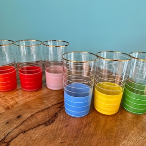 Vintage 60s Set of 6 Colorful Water and Wine Glasses - Mid Century Retro Glassware Collection