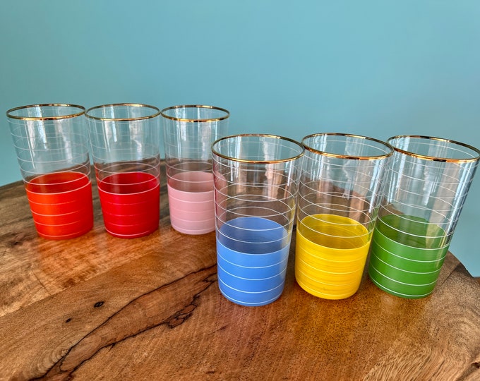 Vintage 60s Set of 6 Colorful Water and Wine Glasses - Mid Century Retro Glassware Collection