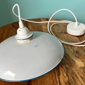 1950s Spanish Industrial Lamp - Vintage White Ceramic Ceiling Light with Blue Border