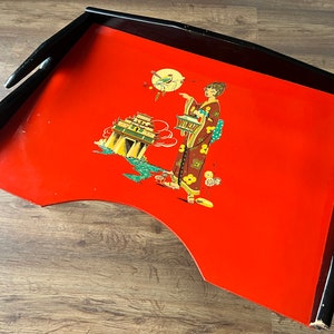 Vintage 1950s Chinese Motif Breakfast Tray with Folding Legs - Retro Midcentury Decor
